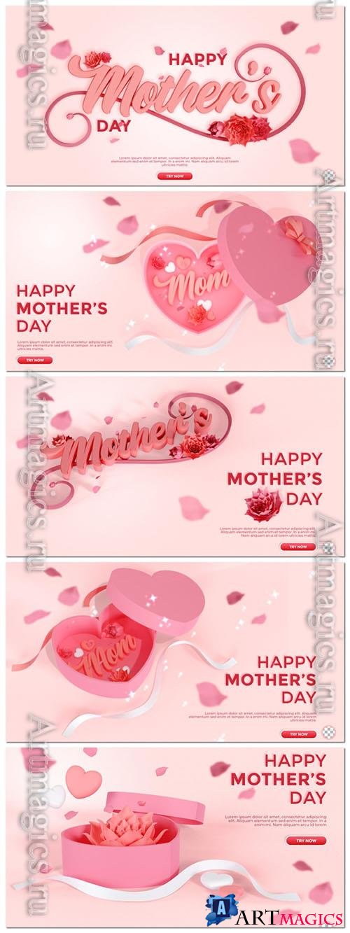 PSD 3d text mother day greeting background with flower petal and box in pink color
