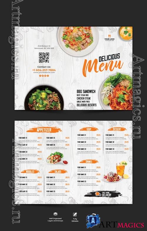 PSD food menu and restaurant bifold brochure template