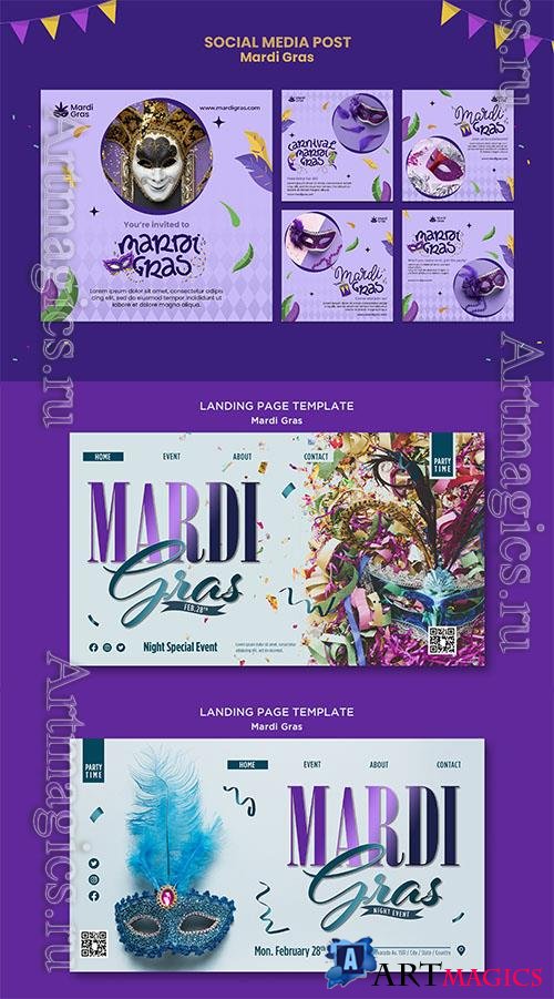 PSD landing page template for mardi gras with carnival mask