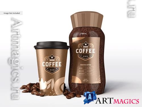 PSD glossy coffee cup and coffee jar branding mockup