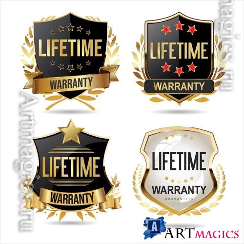 Vector collection of warranty guaranteed gold and black labels on white background