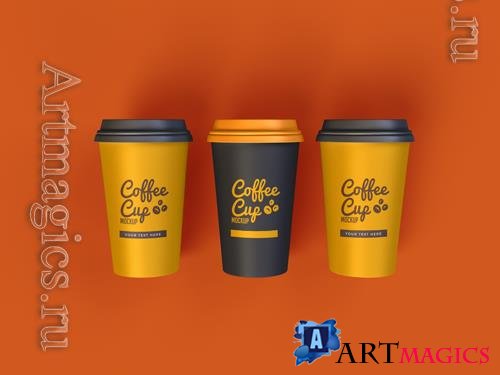 PSD coffee cup mockup design with dark yellow background