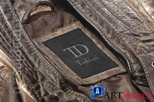 PSD logo mockup dark brown leather jacket label