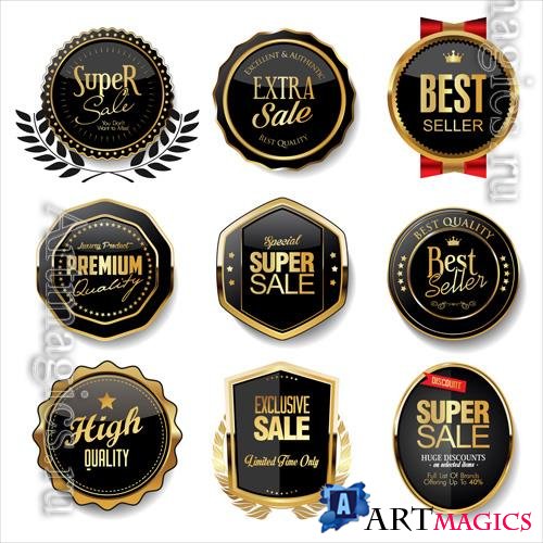 Vector collection of golden badges and labels retro style