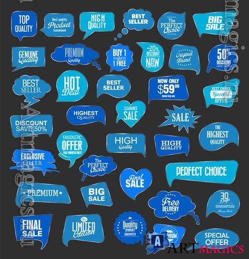 Vector blue sale stickers on black background illustration collection