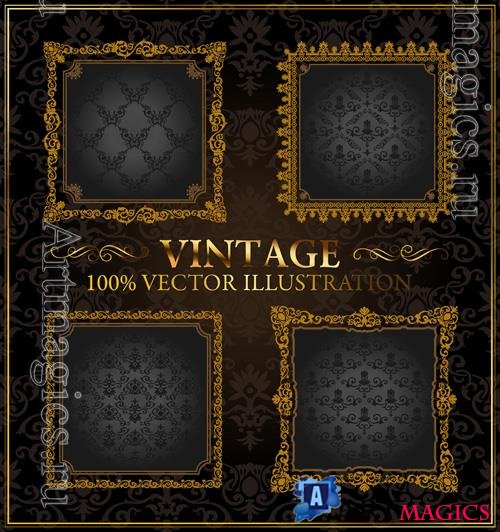 Vector vector vintage gold frames and decor labels on black background vol 2