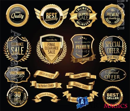 Vector retro vintage golden badges labels badges and shields collection
