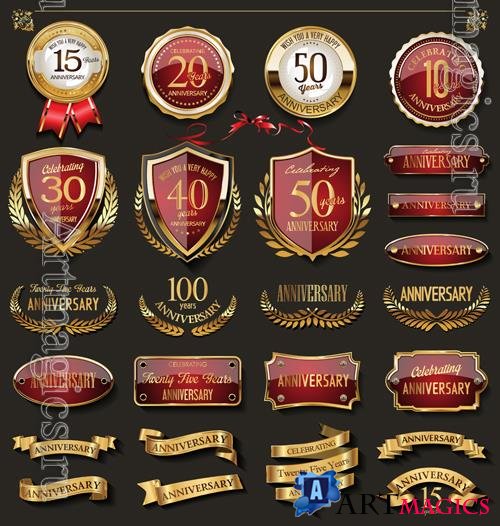 Vector collection of elegant red and gold anniversary badges a