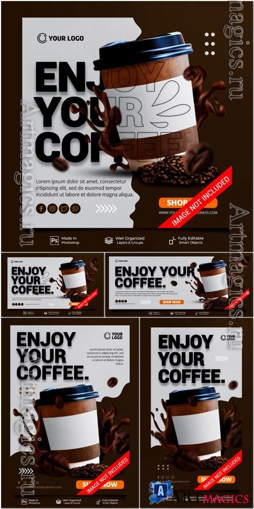 PSD enjoy your coffee new menu special coffee drink cafe restaurant for promotion poster banner template