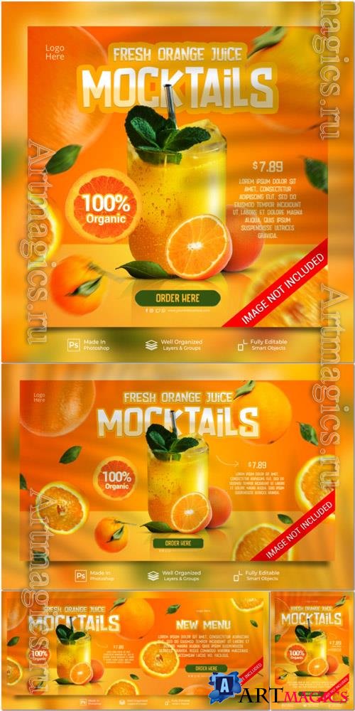 PSD fresh fruit orange juice healthy summer drink for promotion social media post feed banner template