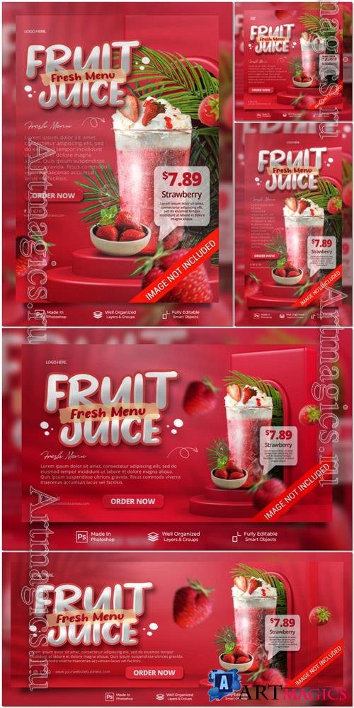 PSD strawberry fruit juice fresh drink menu with podium display post website banner template