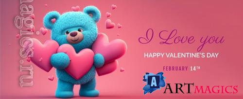 PSD happy valentines day bear banner, holiday romantic background mockup with decorative