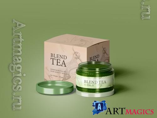 PSD glossy blend tea container and box branding mockup