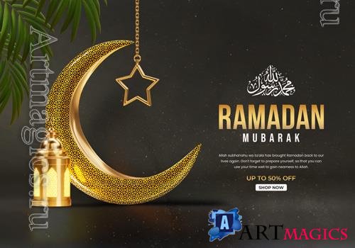 PSD 3d ramadan kareem social banner template with crescent and islamic lantern