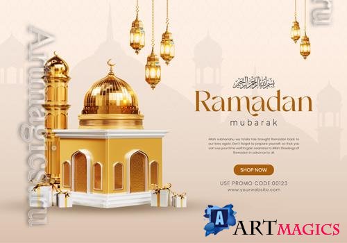 PSD ramadan kareem banner template with cute 3d podium mosque and islamic ornaments