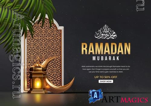 PSD ramadan kareem islamic design banner template with 3d mosque and islamic ornaments