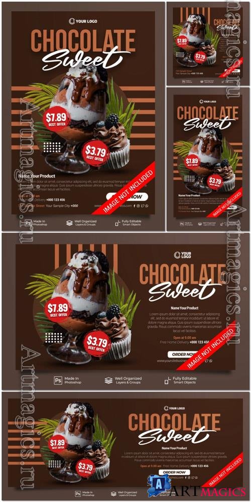 PSD sweet chocolate drink and cake menu cafe social media post webiste banner template