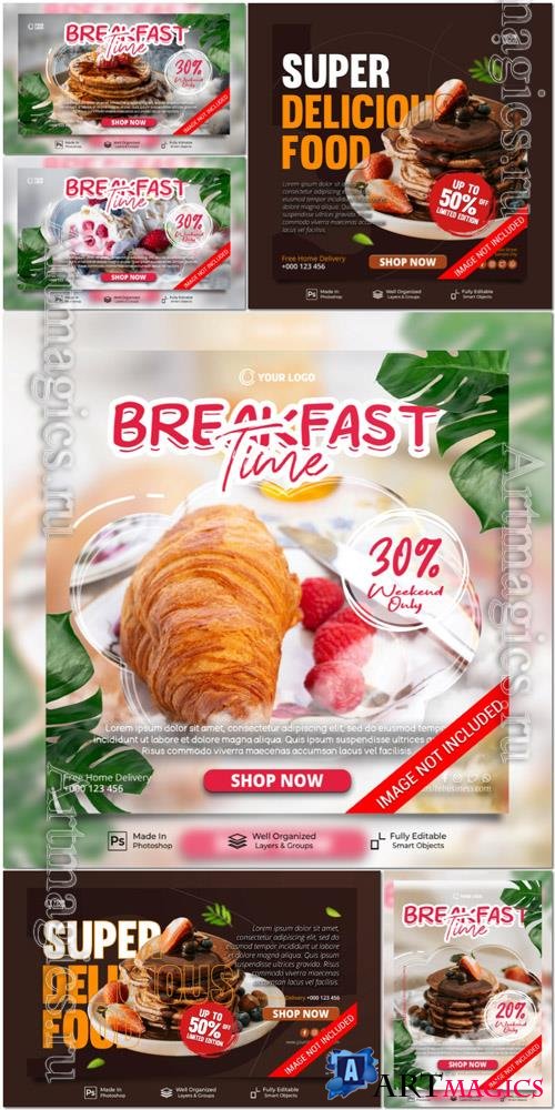 PSD breakfast time sweet cake fruit menu restaurant promotion social media post website banner template