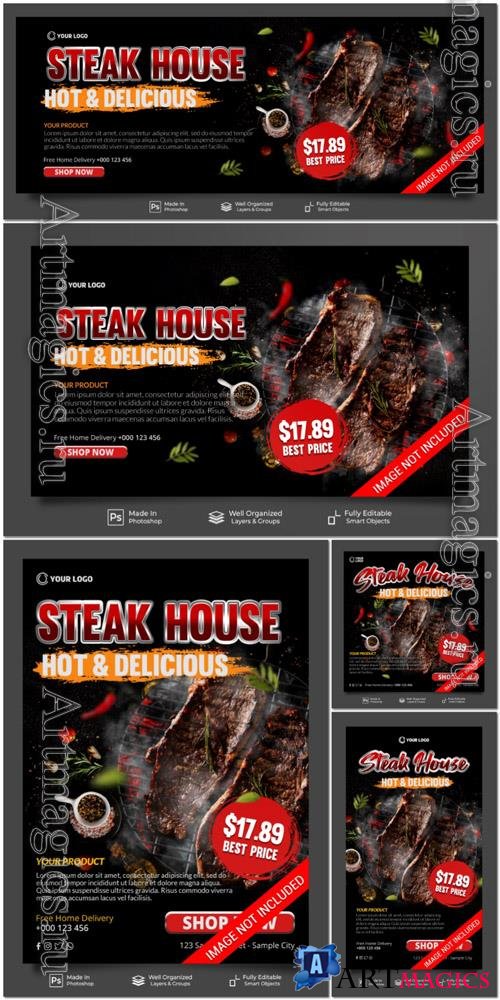 PSD steak house hot and delicious menu restaurant promotion poster banner template