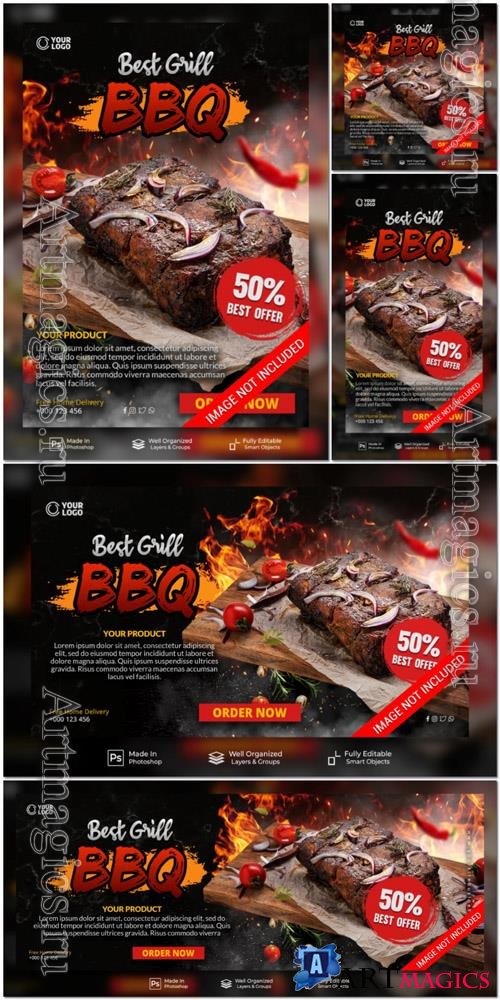 PSD best grill bbq menu restaurant promotion social media post website banner template