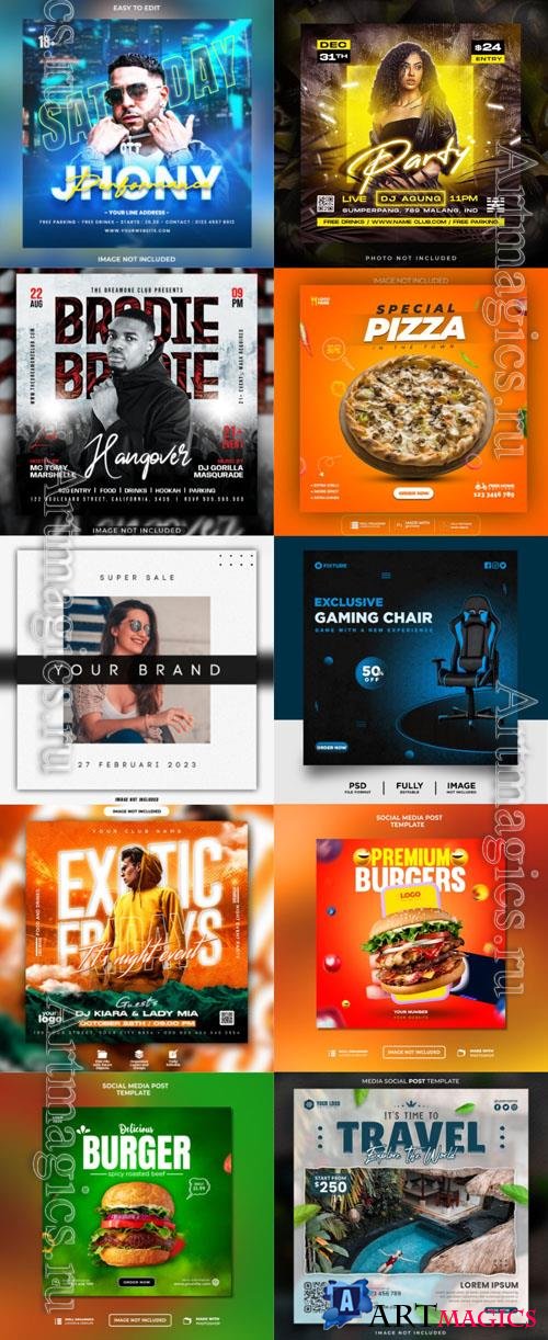 Psd  flyer social media post, fashion, party, burger, pizza psd banner set vol 70