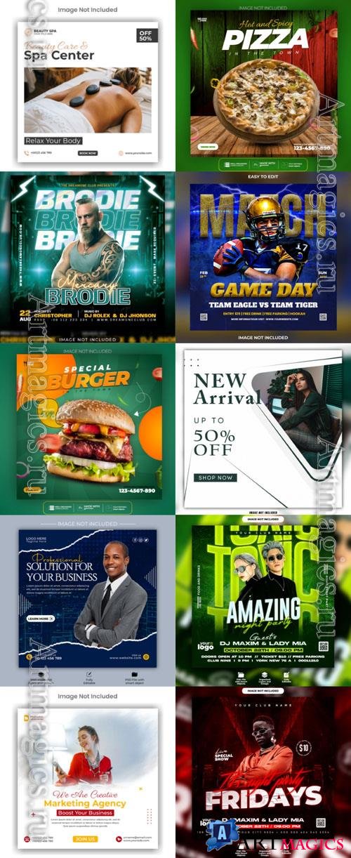 Psd flyer pizza, spa, club, party, burger, social media post, psd banner set vol 73