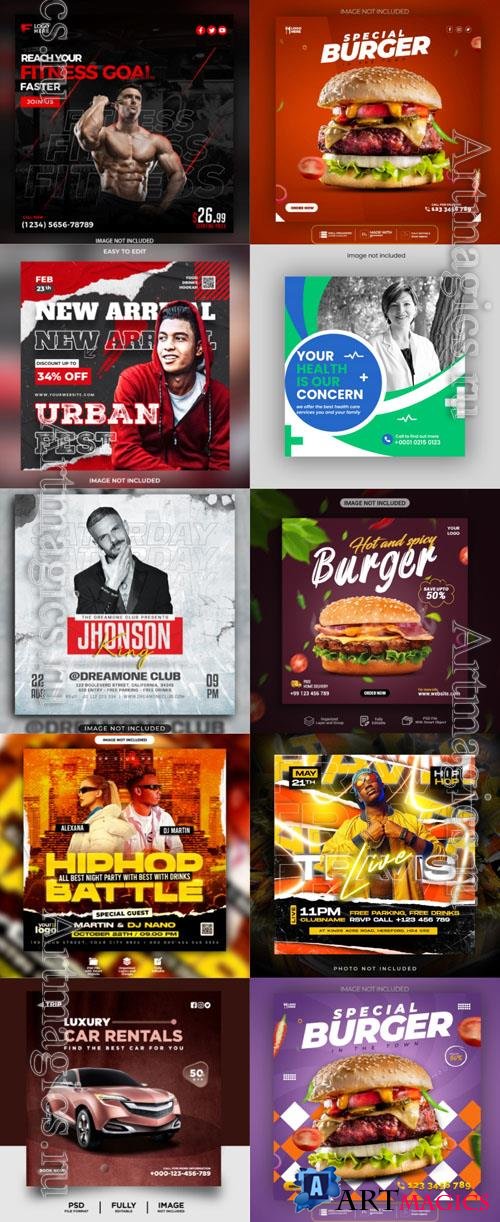 Psd flyer club, party, burger, sport, social media post, psd banner set vol 74