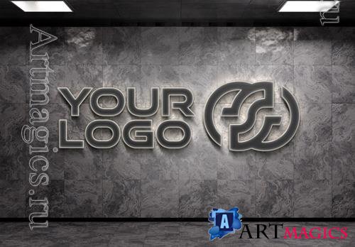 PSD neon logo on underground wall with 3d metal effect mockup