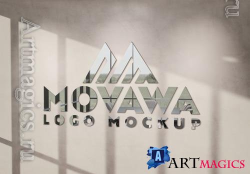 PSD logo with 3d glossy metal effect on sunlit wall mockup