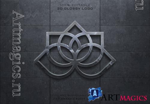 PSD logo on wall with 3d glossy metal effect mockup