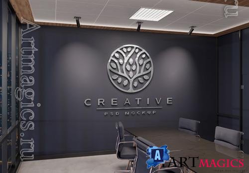 PSD logo on office wall with 3d metal effect mockup