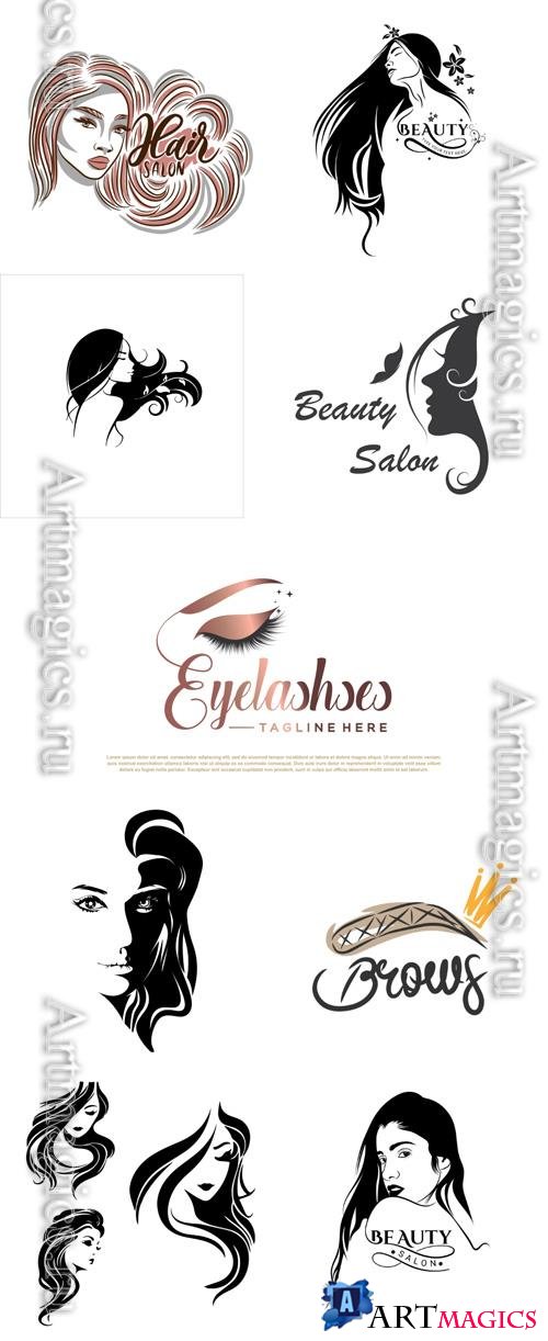 Beauty salon logo design with beautiful girl illustration and calligraphy