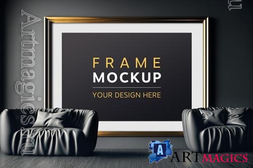 PSD gold frame in dark modern living room mockup
