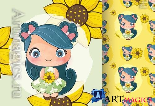 Vector cute little girl with sun flowers, seamless patterns
