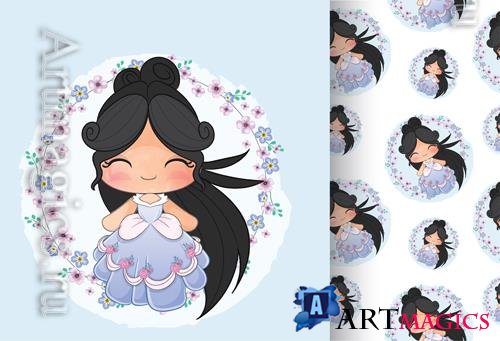 Vector cute little girl with flowers, seamless patterns