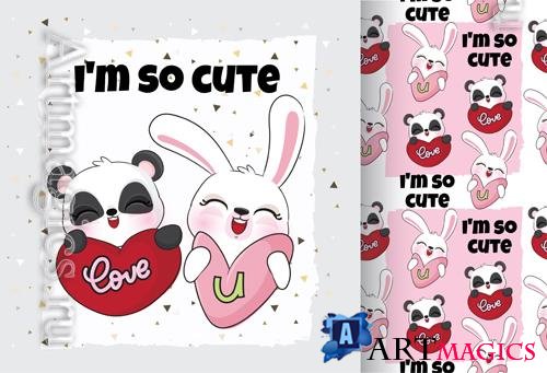 Vector cute little lovely panda with bunny, seamless patterns
