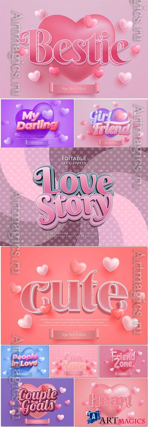 Vector love, romantic 3d editable text effect