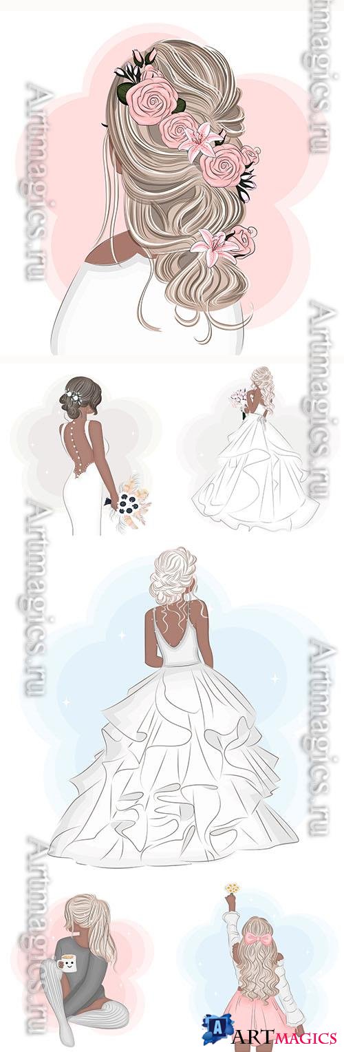 Vector girl stylish, bride in wedding dress