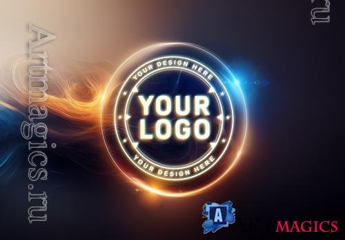 PSD glowing logo with fire and blue halos mockup