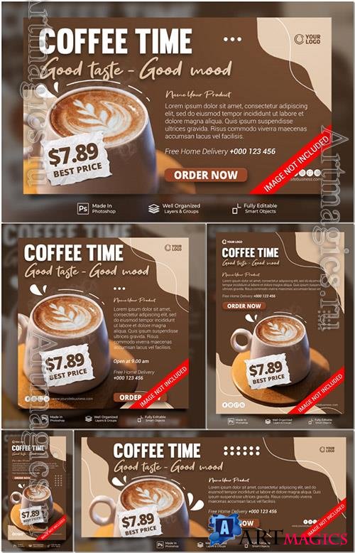 PSD coffee time new drink menu cafe for promotion social media post website banner template