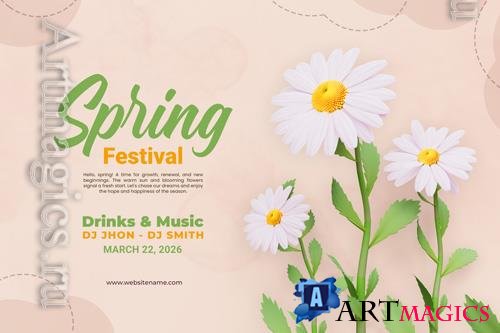 PSD spring festival floral banner with white daisies template design