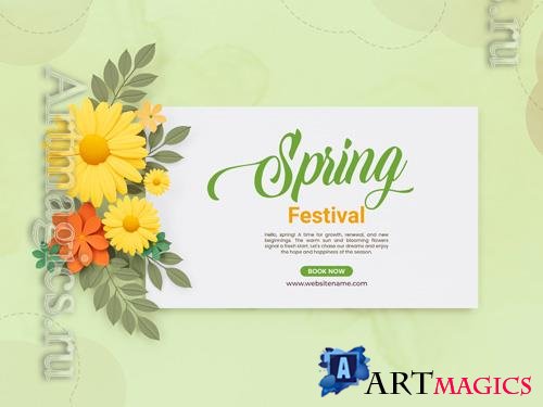 PSD spring festival floral banner with daisies design template