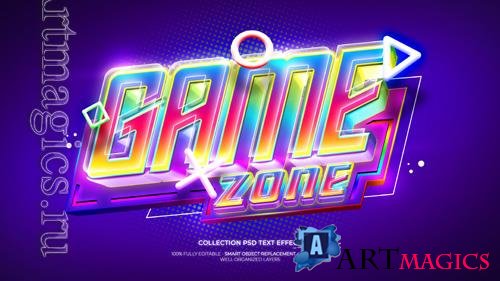 PSD game zone 3d text effect with 3d object game ornament and rgb color light