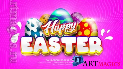PSD happy easter 3d custom text effect with pattern and egg collection