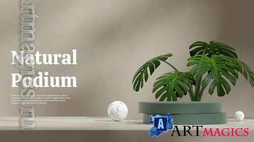 PSD monstera plant and marble ball 3d render empty scene dark green cylinder podium in landscape
