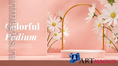 PSD mockup space white and pink podium in landscape white daisy and arch 3d rendering