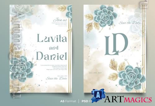 Watercolor psd wedding invitation template with blue and yellow flower