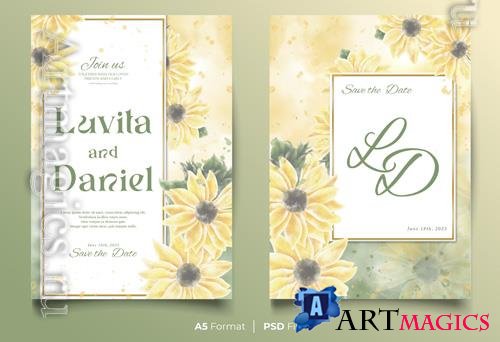 PSD watercolor wedding invitation template with yellow and green flower