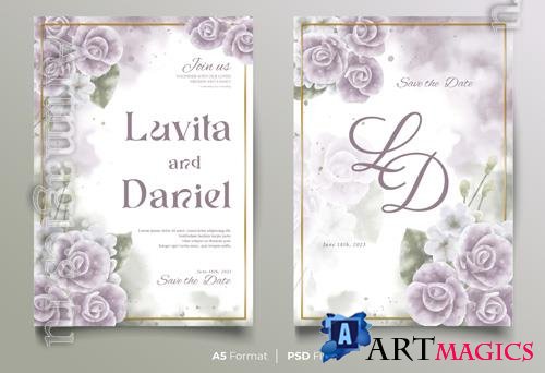 PSD watercolor wedding invitation template with violet flower