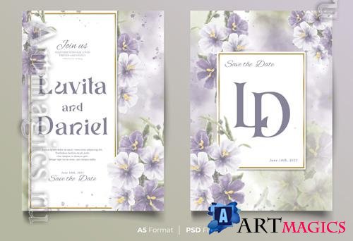 PSD watercolor wedding invitation template with blue and white flower